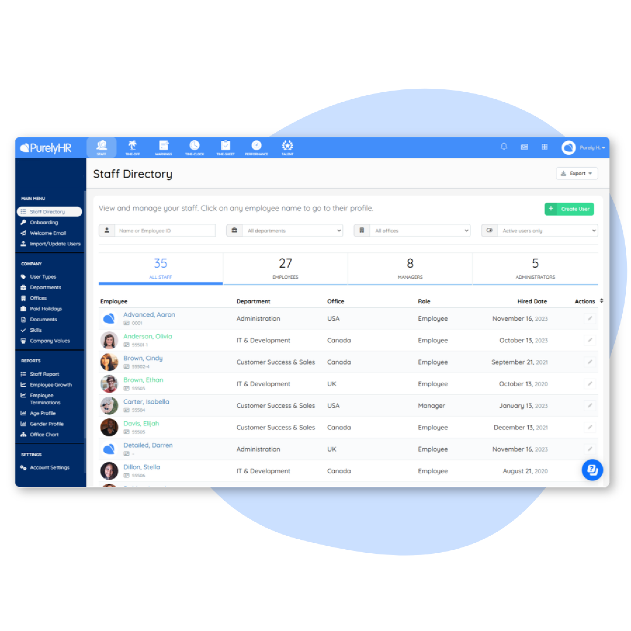PurelyHR employee directory software displaying employee records, departments, office locations and staff profiles