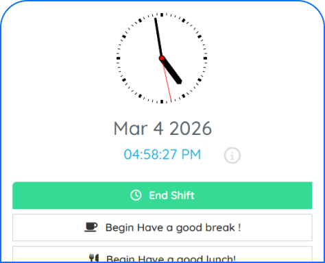 Employee time clock dashboard in PurelyHR displaying active work hours, break tracking and shift management