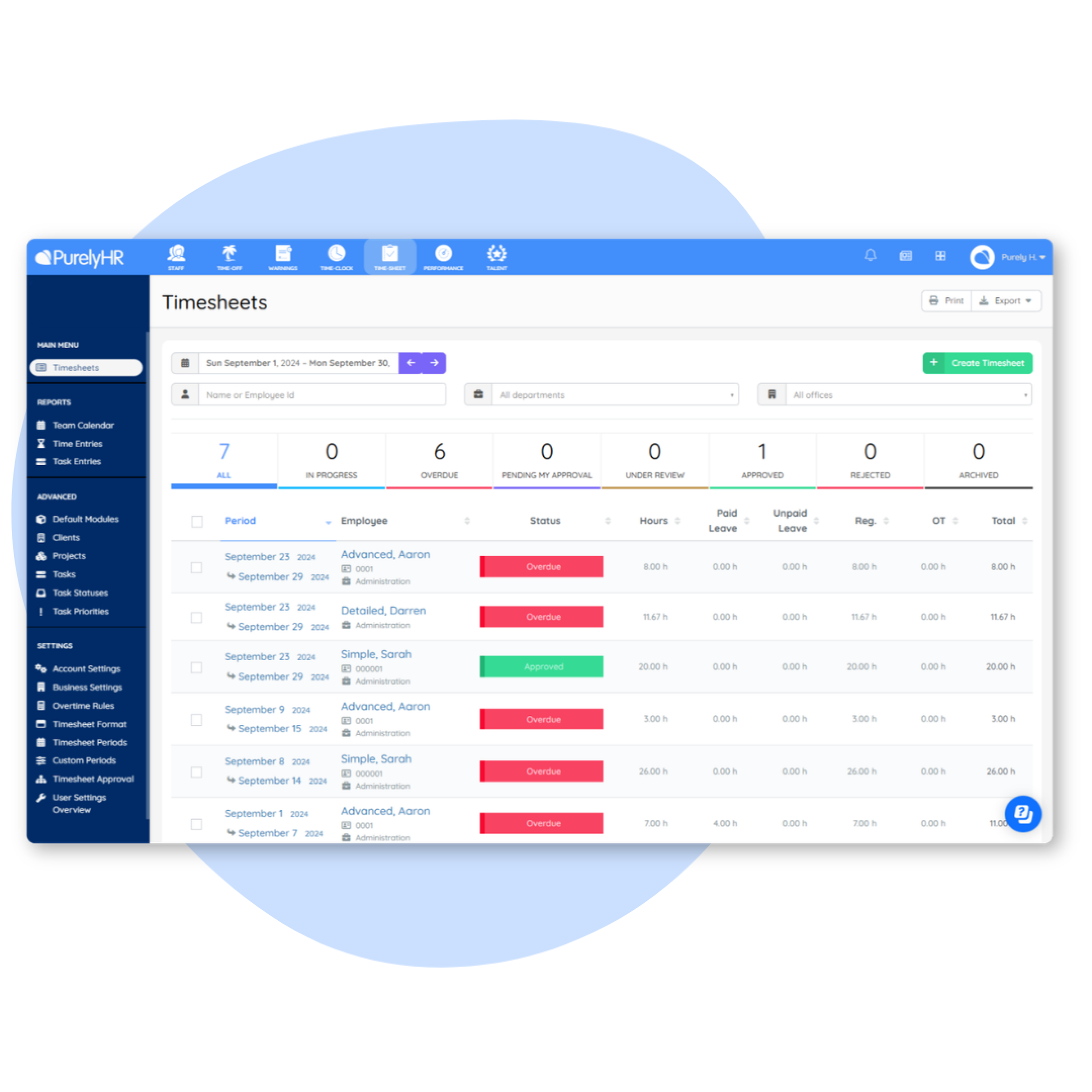 Timesheet module product image PurelyHR timesheet software displaying employee work hours, timesheet approval status and payroll-ready time tracking records