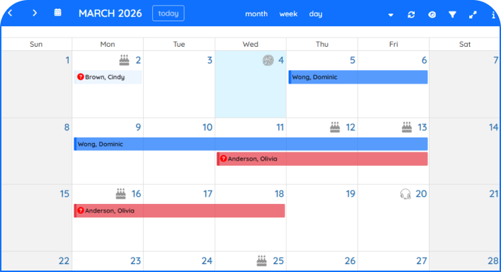 PurelyHR leave management calendar displaying employee vacation time, PTO requests and absence schedules