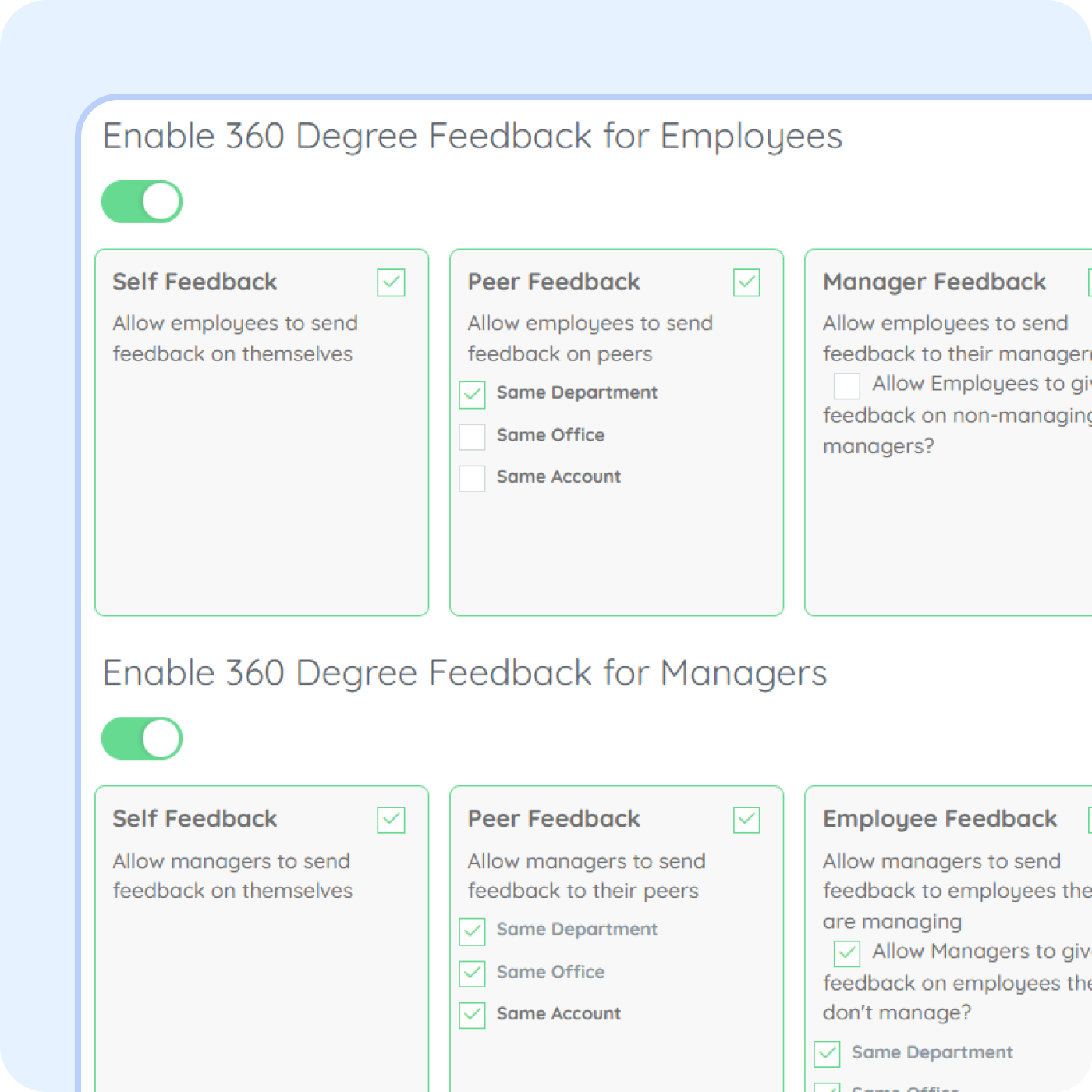 360-degree employee feedback management in PurelyHR showing peer reviews, manager feedback and employee performance assessments