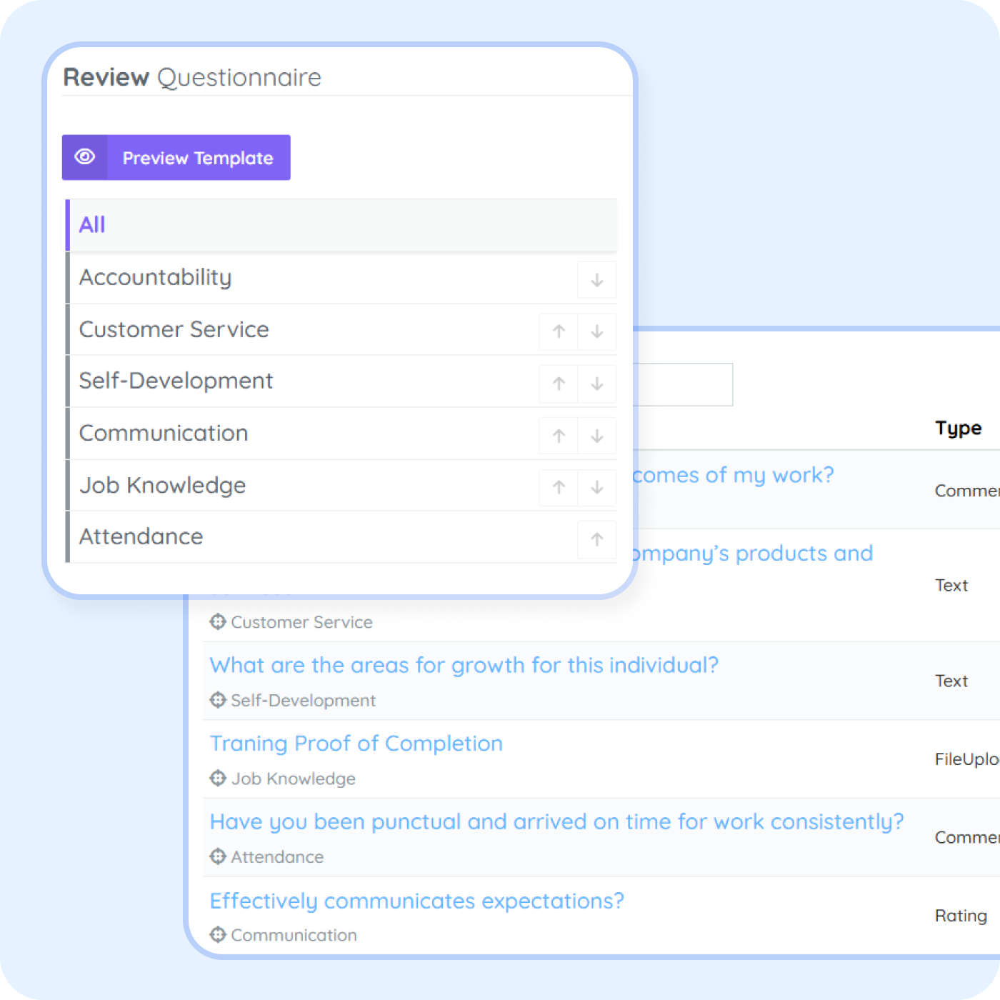 Employee performance review questionnaire in PurelyHR showing evaluation categories, review questions and performance assessment templates
