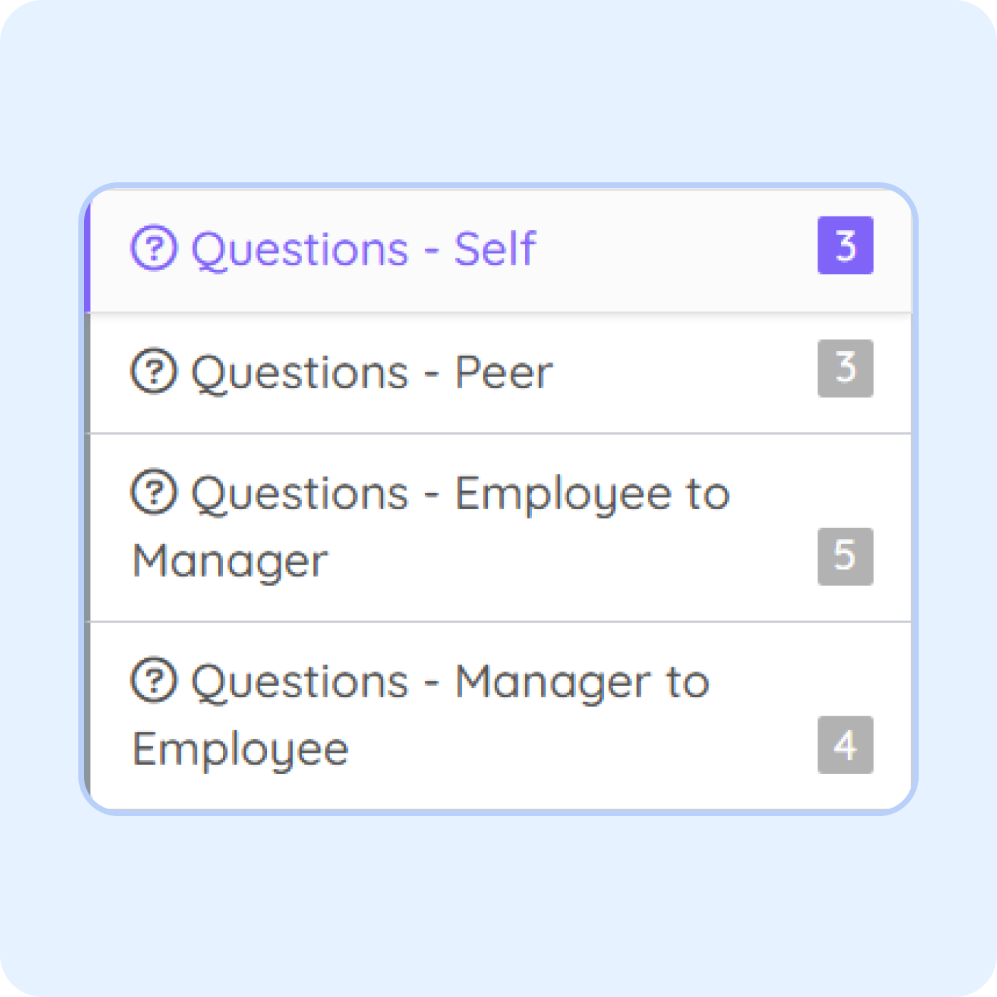 360-degree employee feedback questionnaire in PurelyHR showing self-assessments, peer reviews and manager feedback forms