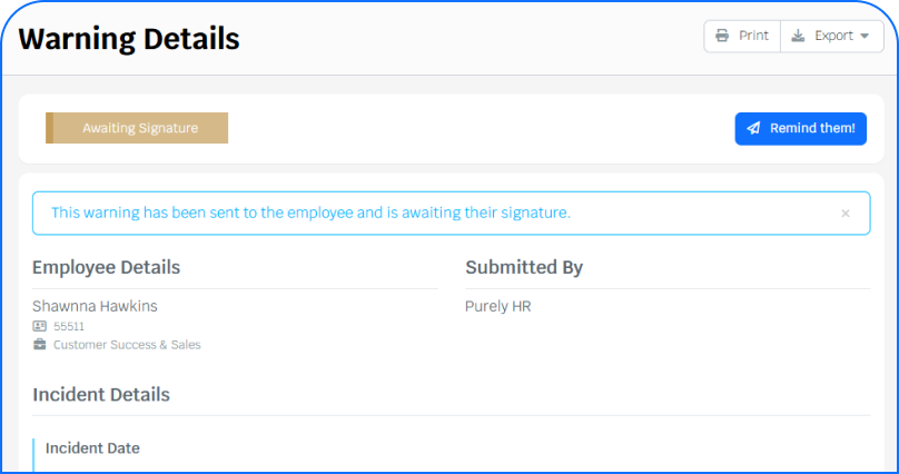 Employee warning details in PurelyHR displaying workplace documentation, incident tracking and pending employee signature
