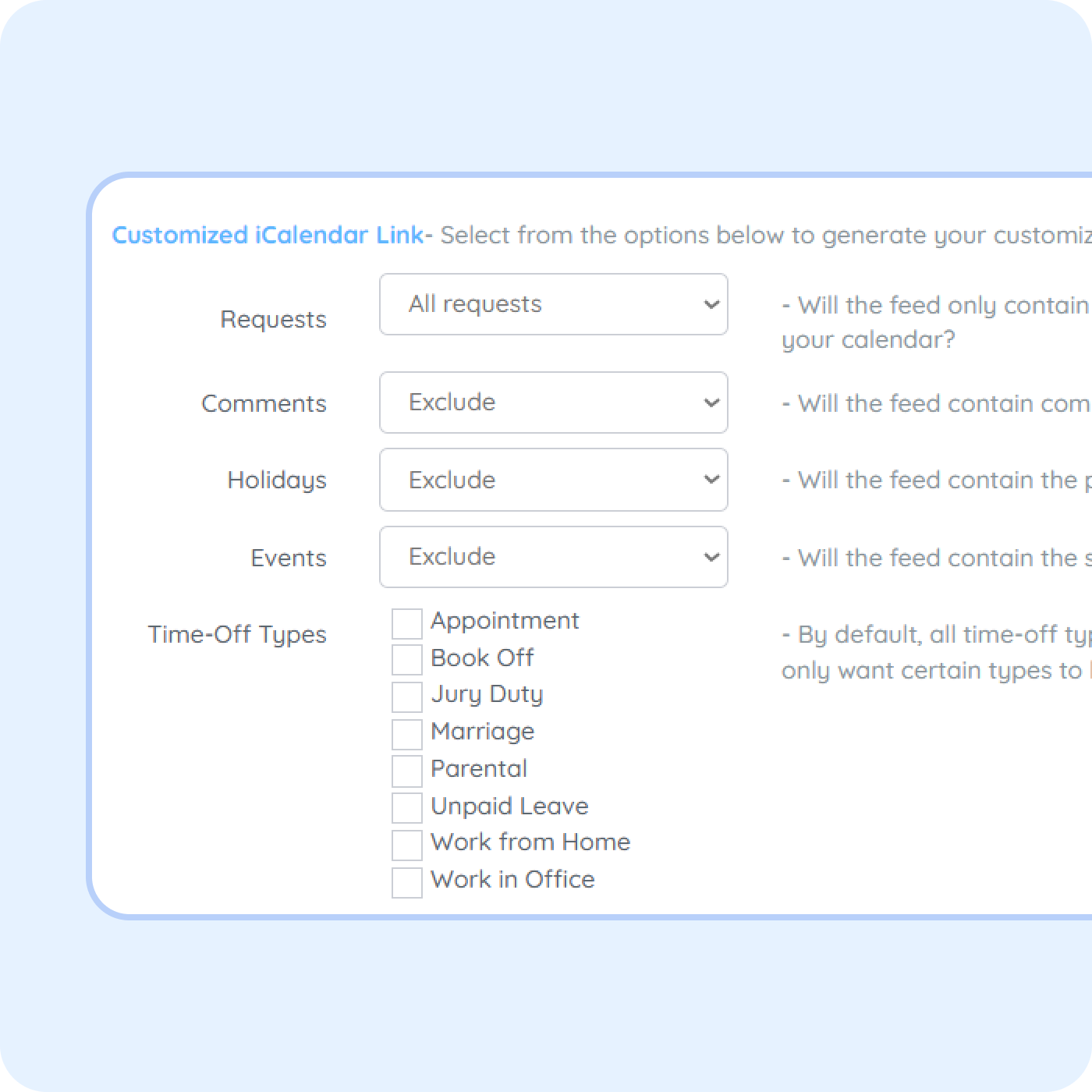 leave calendar icalendar integration purelyhr Employee leave calendar integration in PurelyHR showing PTO schedules, absence tracking and iCalendar synchronization settings