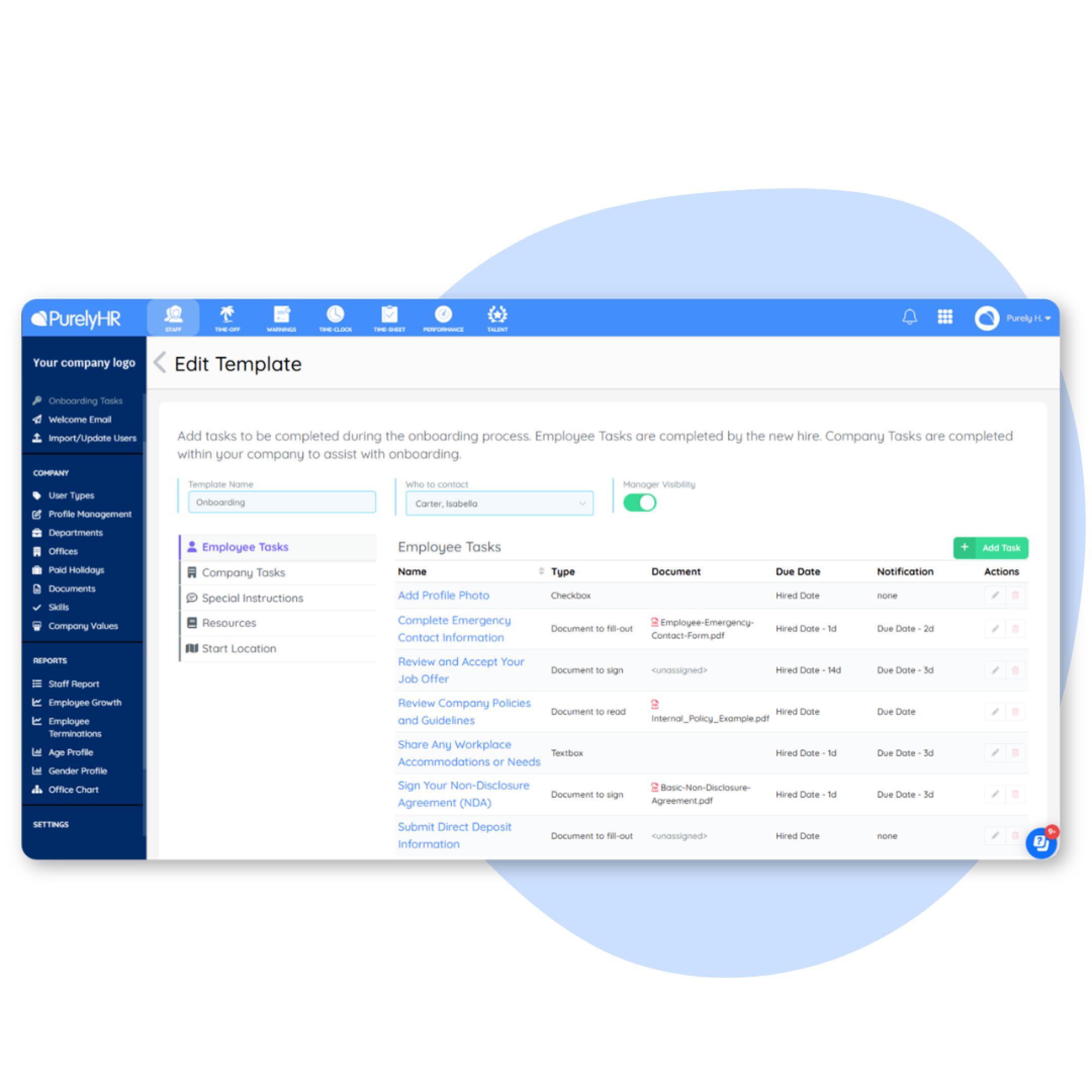 onboarding template product image Employee onboarding dashboard in PurelyHR showing new hire tasks, onboarding checklists, document signing and employee setup workflows
