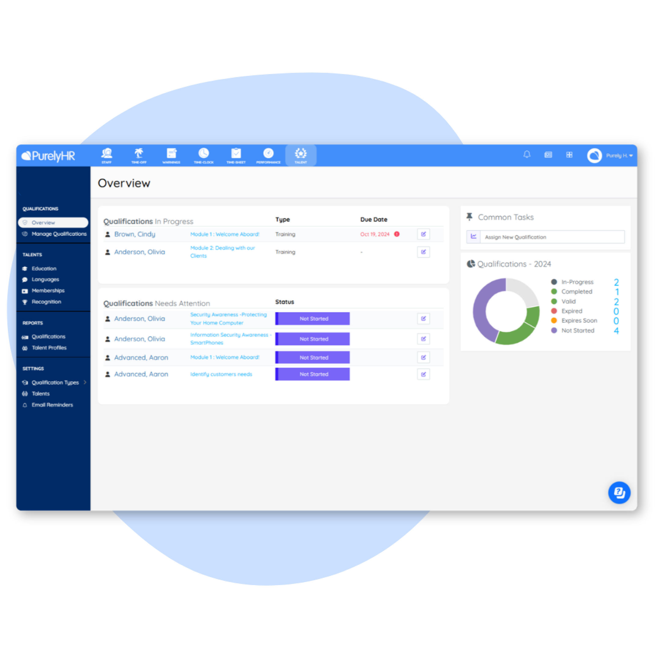 PurelyHR training and certification tracking software displaying employee qualifications, compliance training progress and learning records