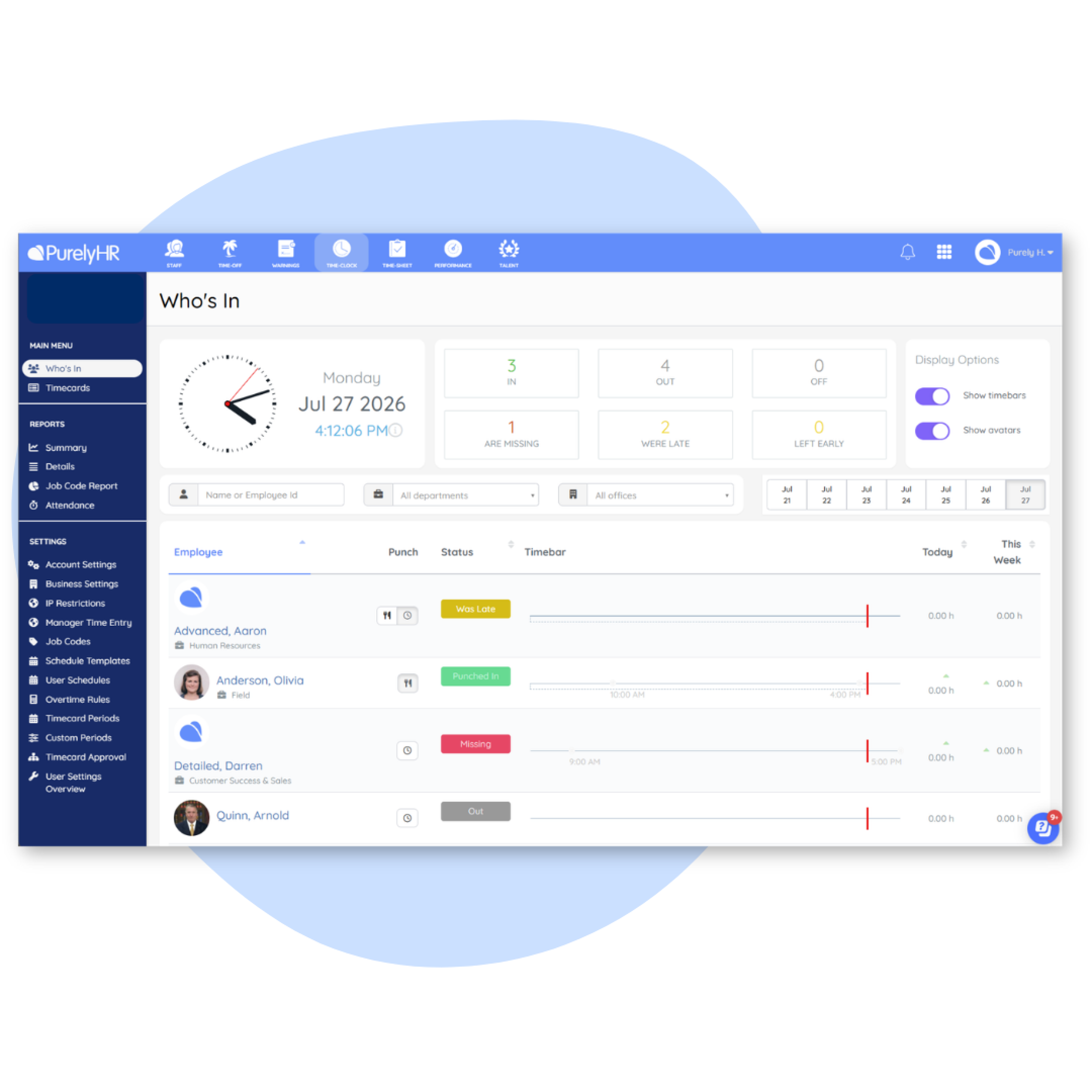 PurelyHR employee time clock software displaying real-time attendance tracking, employee punch status and workforce time management