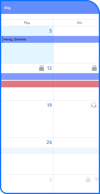 Employee absence calendar in PurelyHR displaying scheduled vacation time and leave management records
