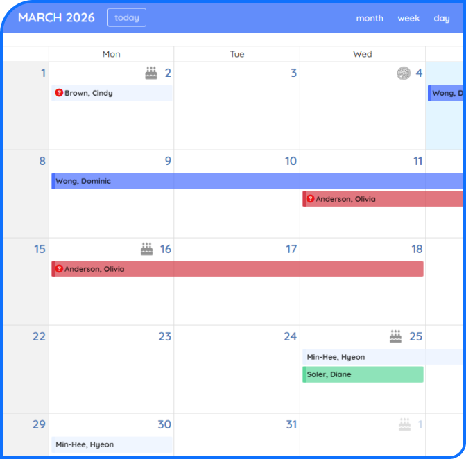 Employee absence calendar in PurelyHR displaying scheduled vacation time and leave management records
