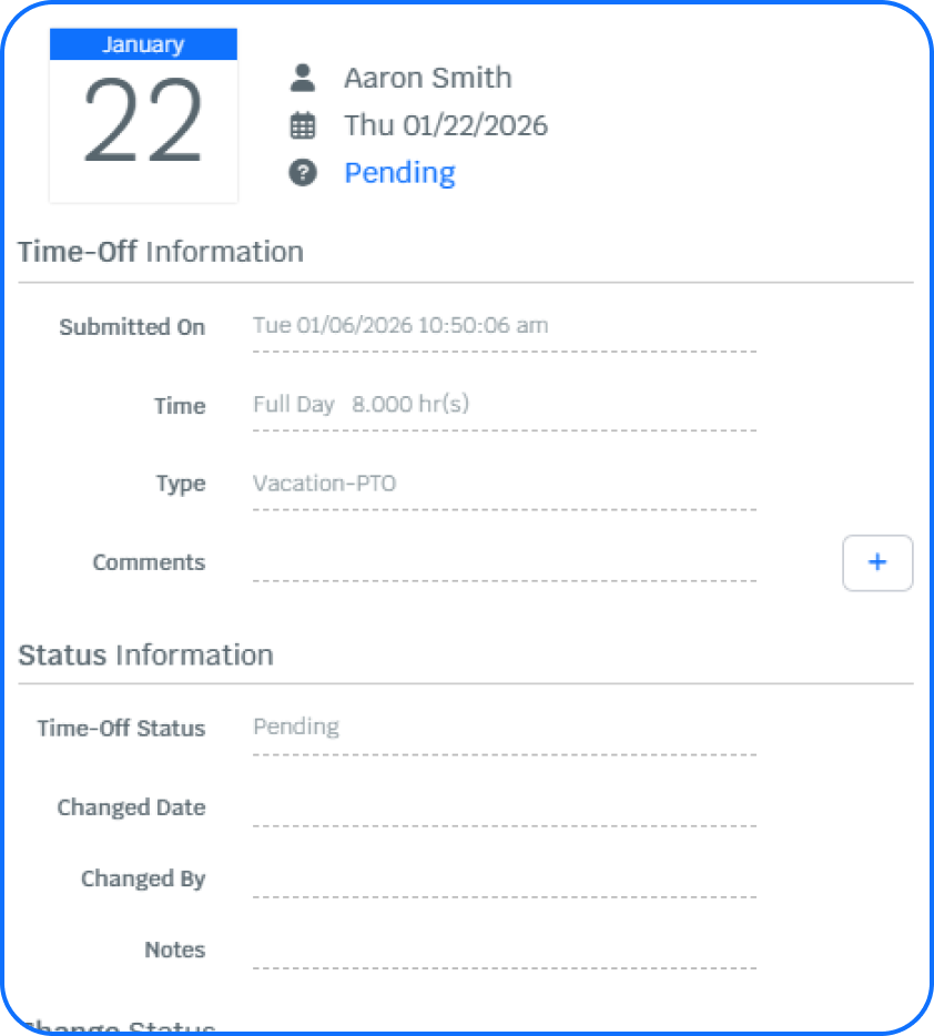 Employee vacation request dashboard in PurelyHR displaying PTO details, leave status and absence management information