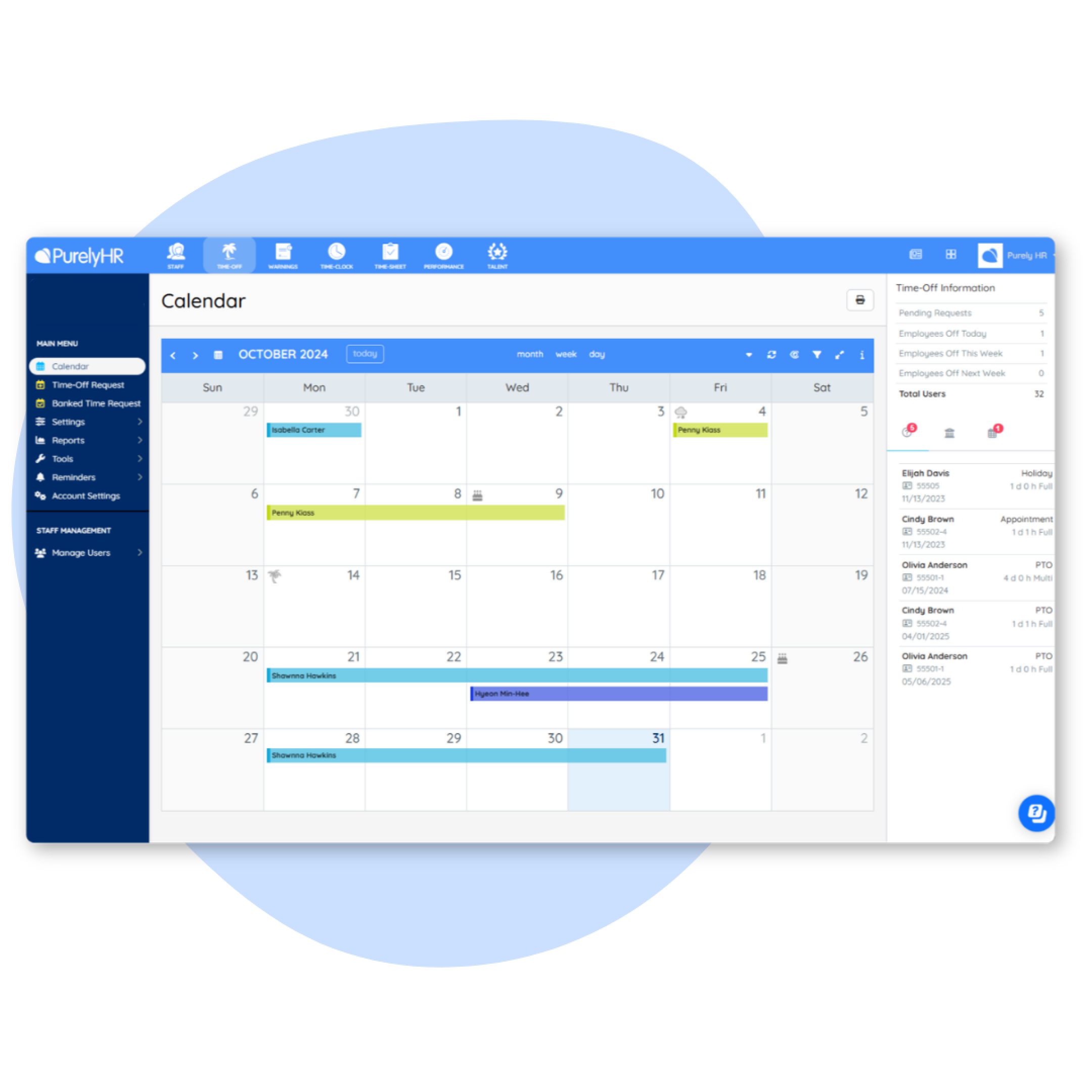 timeoff module product image Employee leave calendar in PurelyHR showing vacation tracking, time off requests and absence management