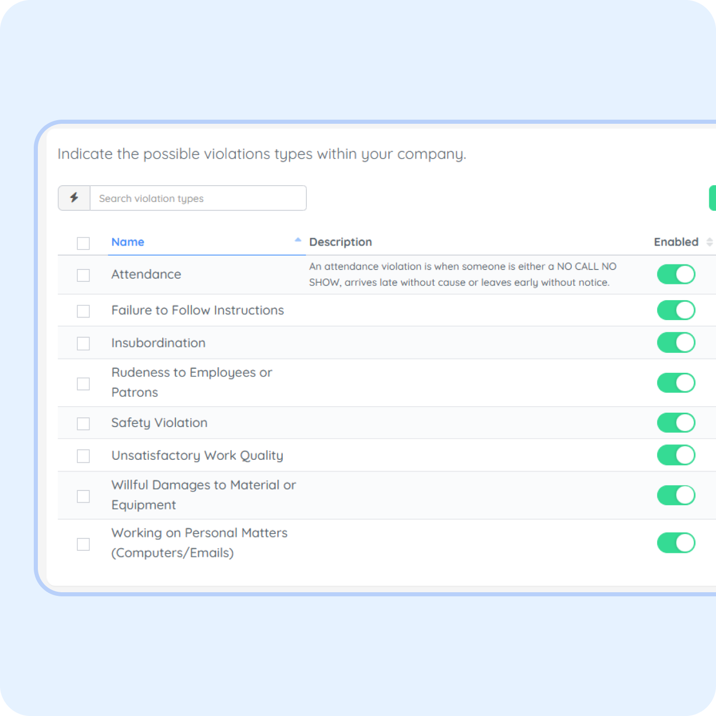Employee disciplinary tracking settings in PurelyHR showing workplace violations, attendance infractions and policy enforcement categories