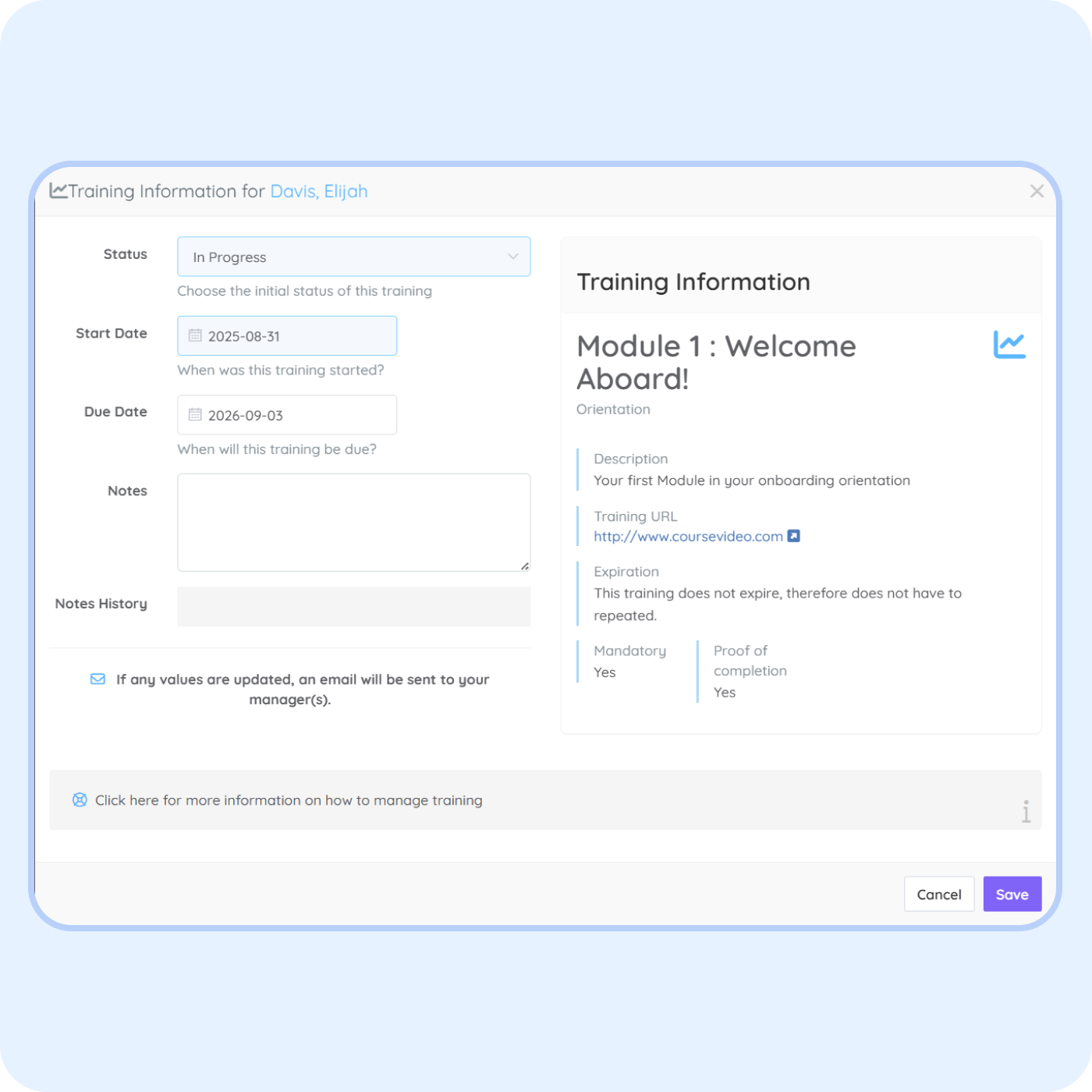 Employee training record in PurelyHR showing onboarding progress, training status, completion requirements and qualification management
