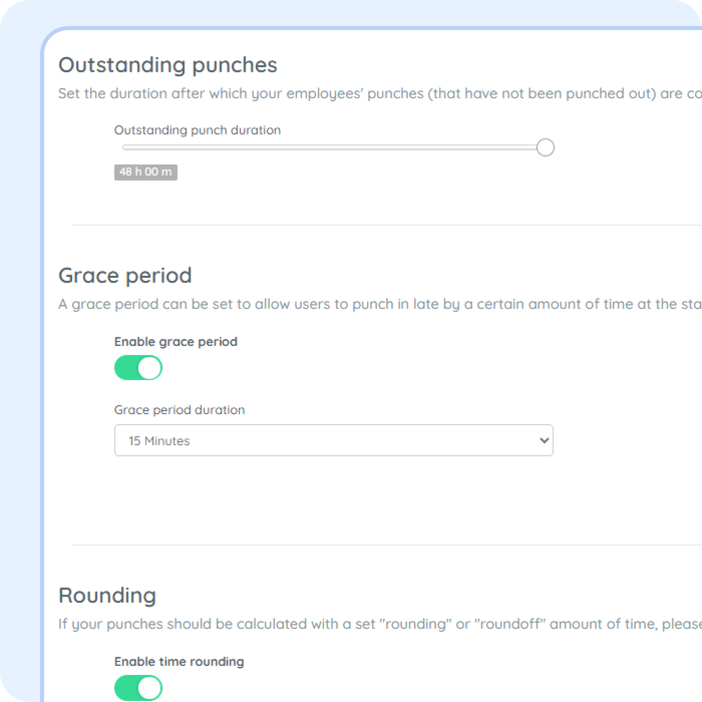 employee attendance and clock in’s settings Employee time clock settings in PurelyHR showing attendance tracking rules, clock-in grace periods and punch management configuration