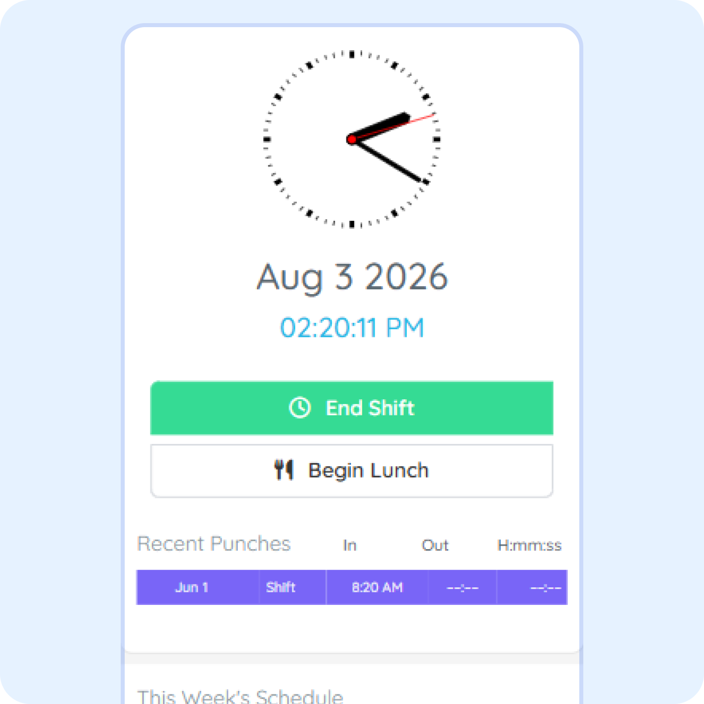 employee time tracking active shift purelyhr Employee time tracking dashboard in PurelyHR showing active work hours, clock-in status, lunch breaks and attendance management