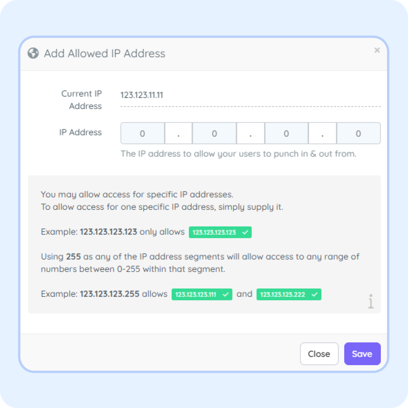 employee clock-in’s restrictions via IP address Employee time clock security settings in PurelyHR showing IP address restrictions, secure attendance tracking and controlled clock-in access