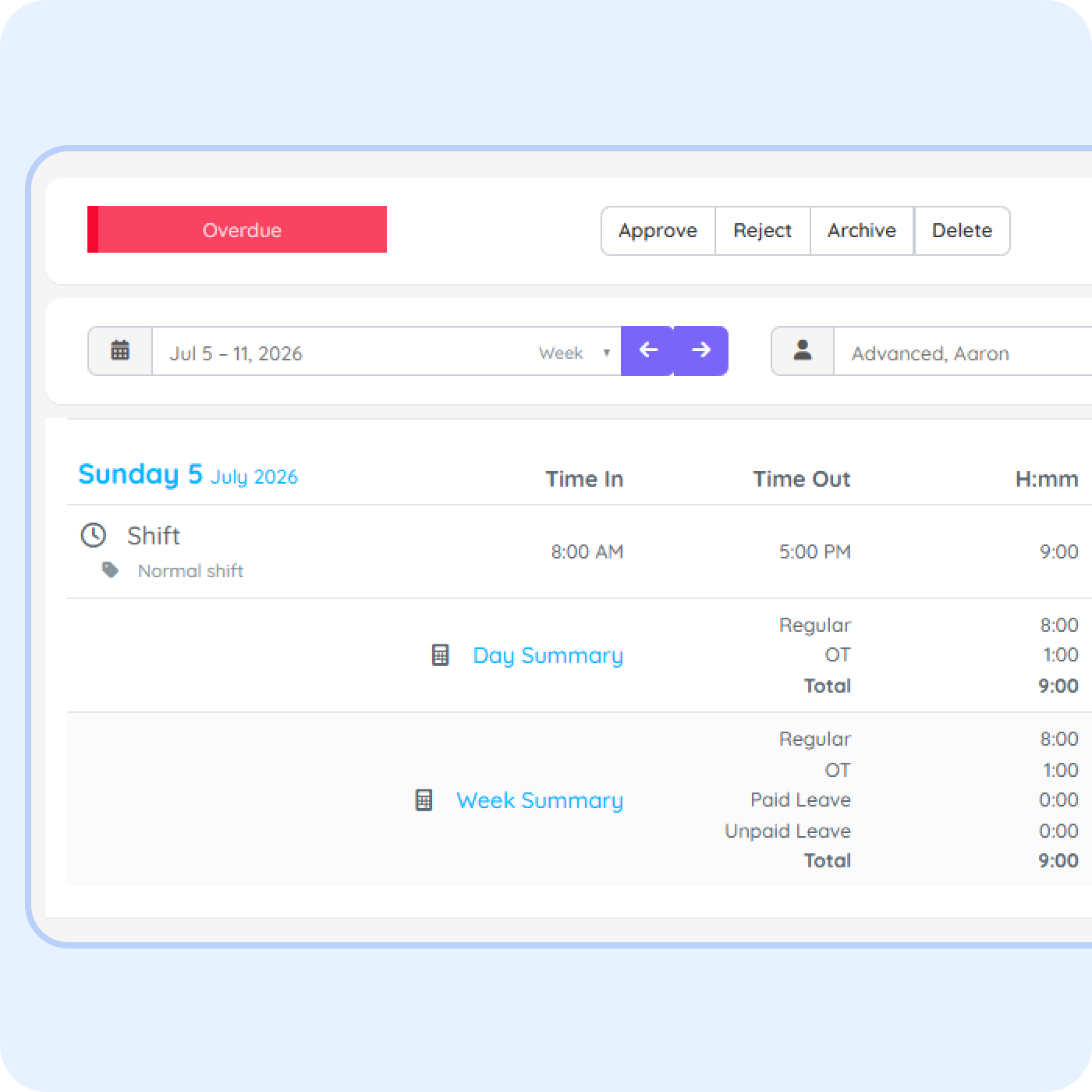 timesheet approval workflow payroll reporting purelyhr Employee timesheet approval dashboard in PurelyHR showing work hours tracking, overtime calculations and payroll reporting