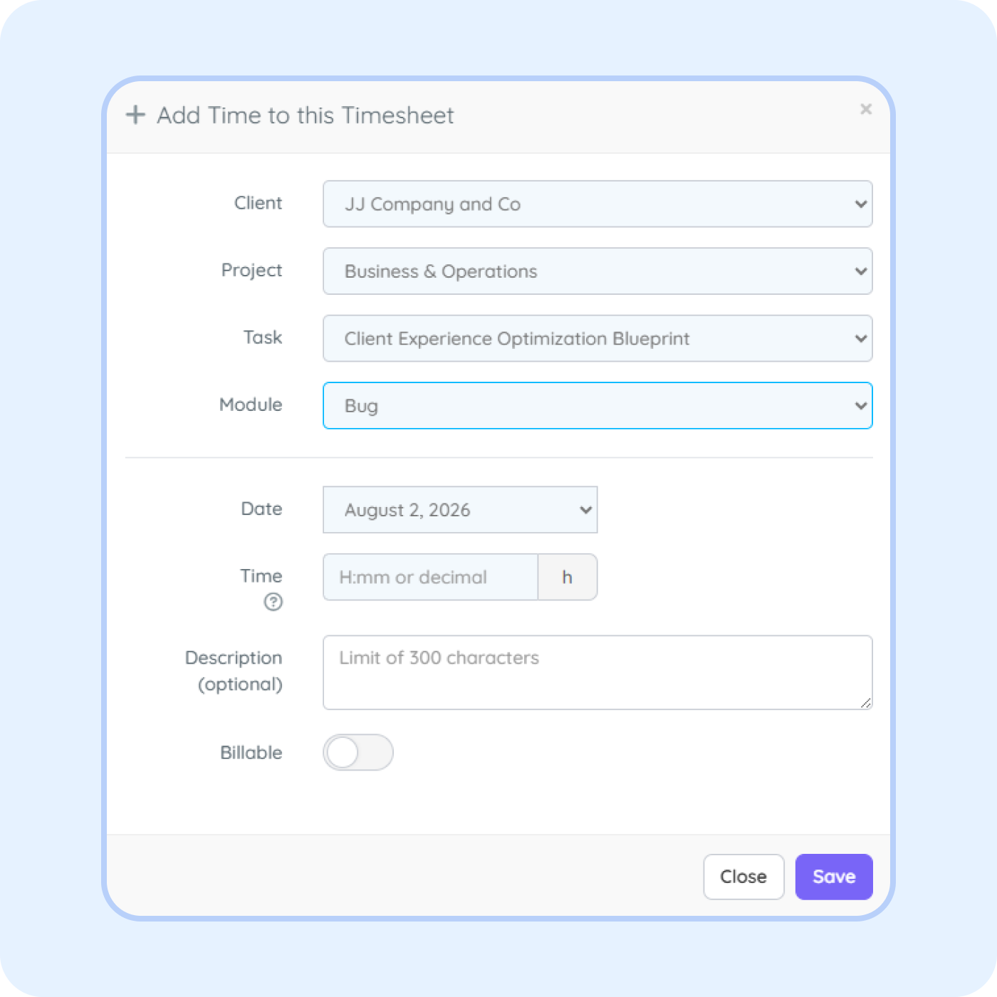 Employee timesheet entry form in PurelyHR showing project-based time tracking, billable hours and task-level work logging