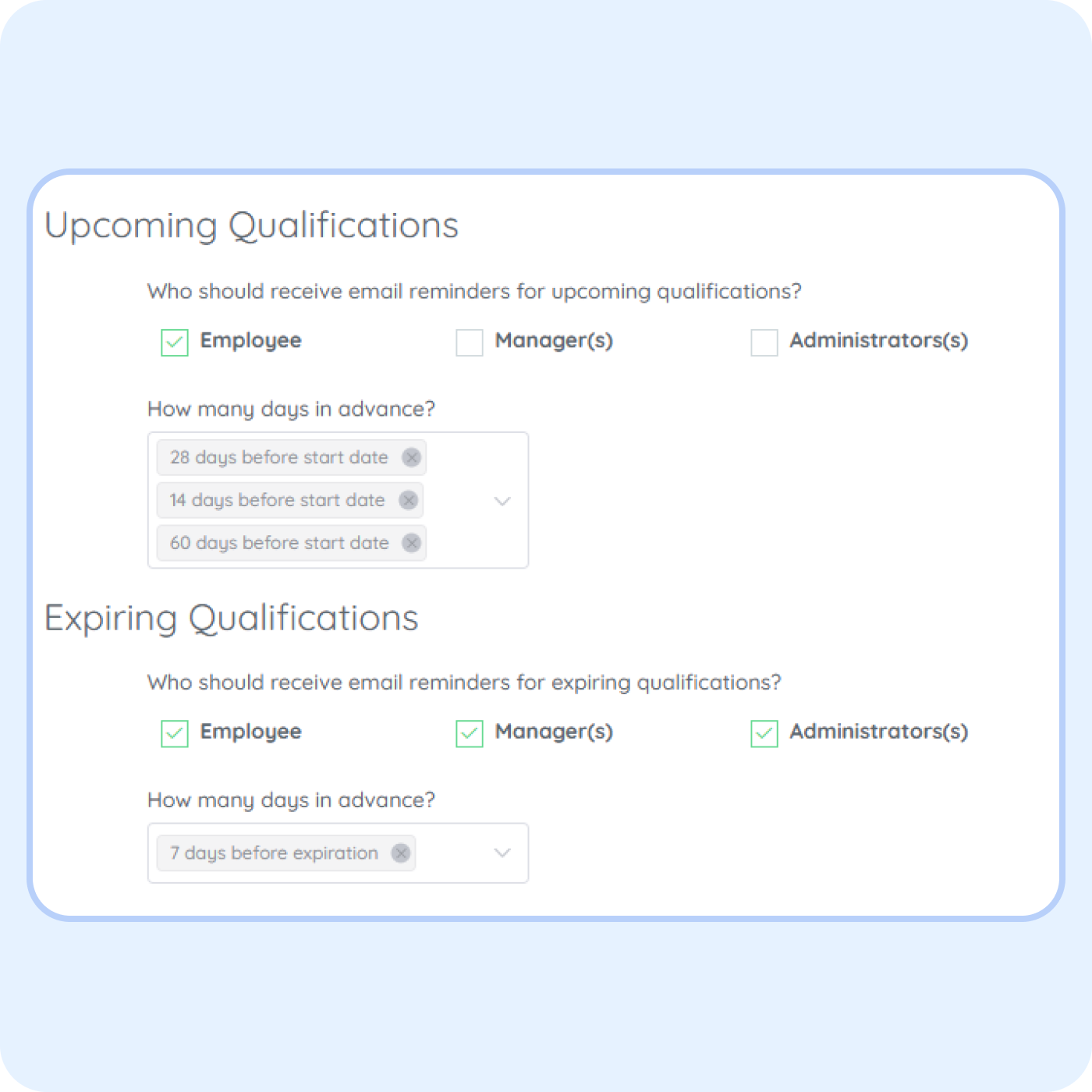 Employee certification tracking settings in PurelyHR showing qualification expiration reminders, compliance notifications and training renewal alerts