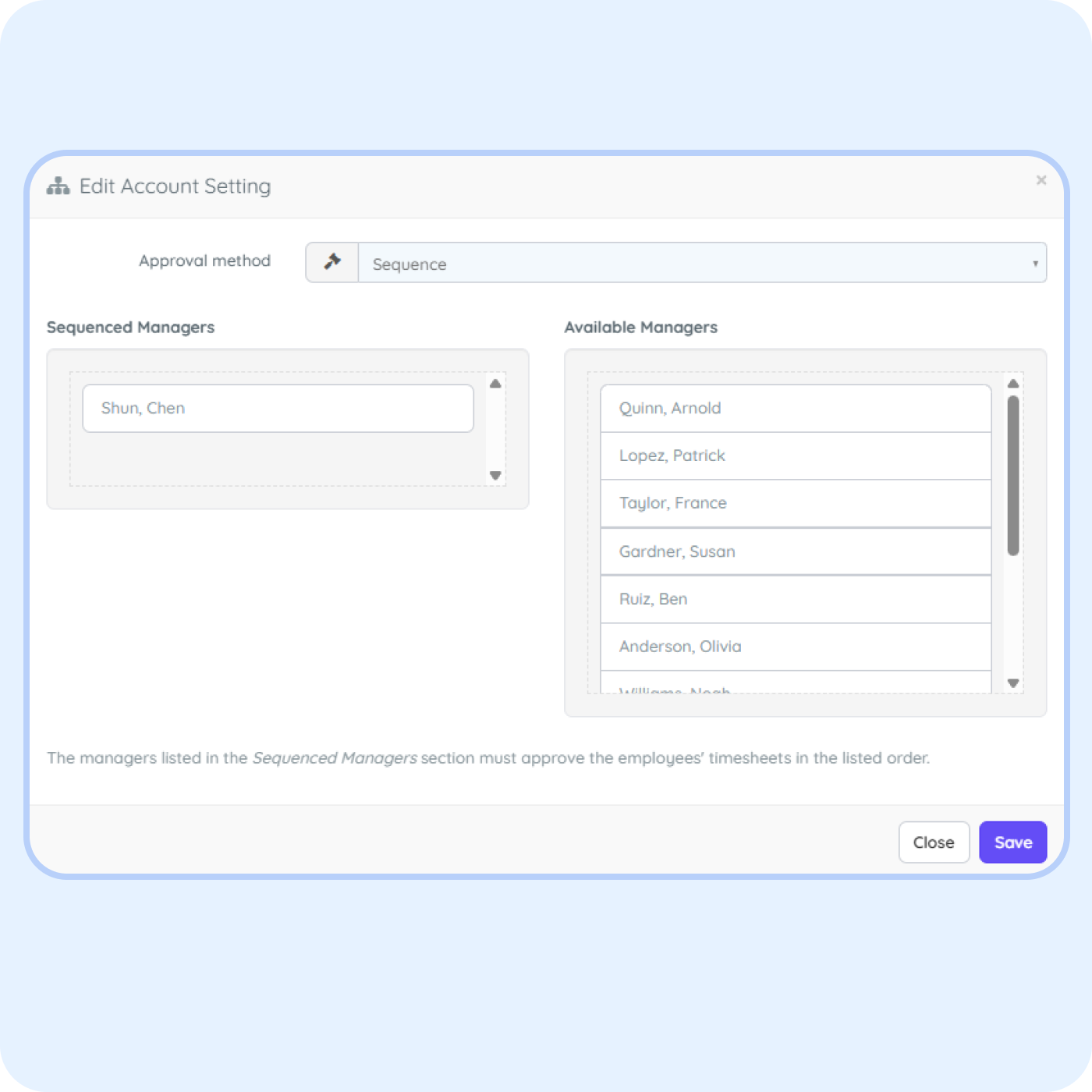 timesheet approval workflow settings purelyhr Employee timesheet approval settings in PurelyHR showing sequential manager approvals, review workflows and timesheet management controls