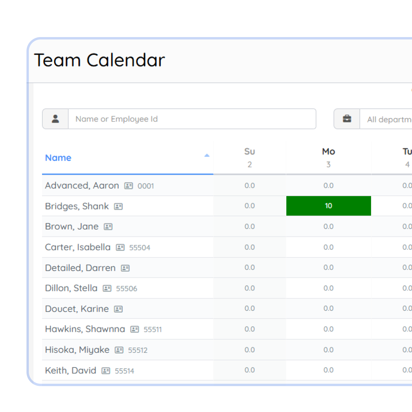 timesheet team calendar Employee scheduling dashboard in PurelyHR showing team availability, work schedules and workforce planning