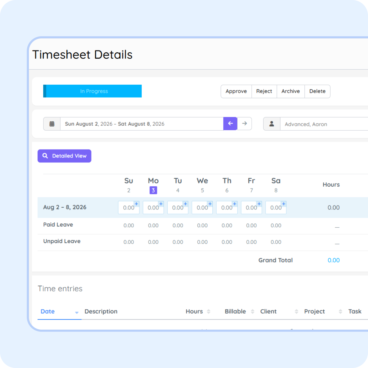 timesheet details billable time tracking purelyhr Employee timesheet details in PurelyHR showing work hours tracking, billable time, paid leave entries and timesheet approvals