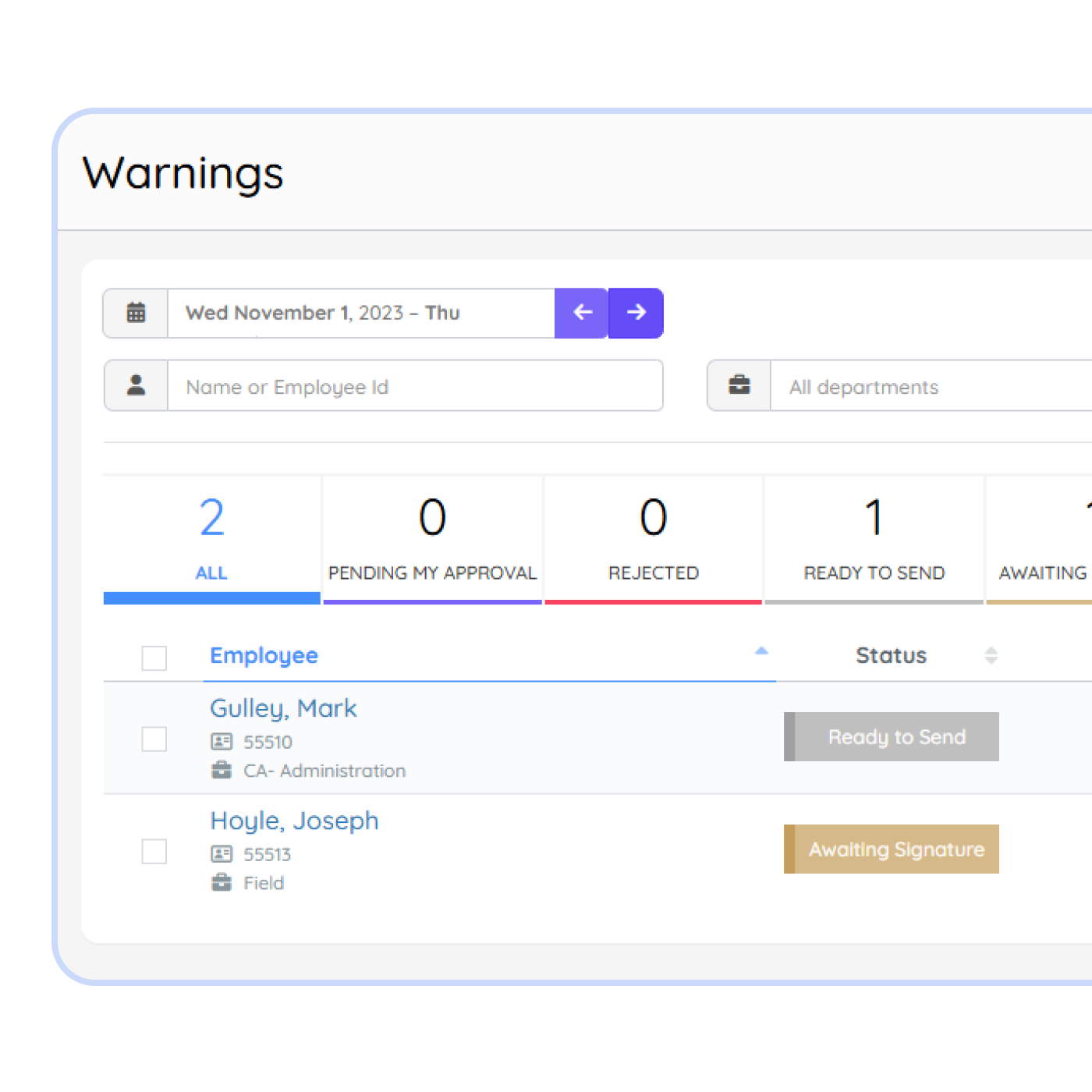 employee warnings dashboard Employee warning management dashboard in PurelyHR showing disciplinary actions, approval status, electronic acknowledgments and compliance documentation